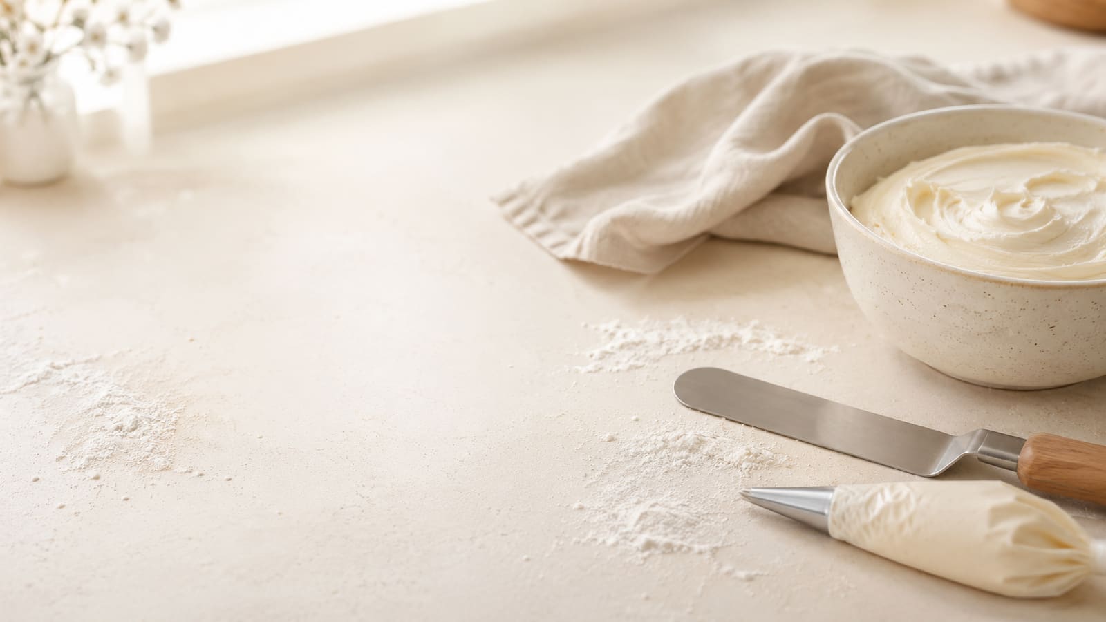 Świeżo udekorowany tort w pracowni D_cake, otoczony mąką i kwiatami